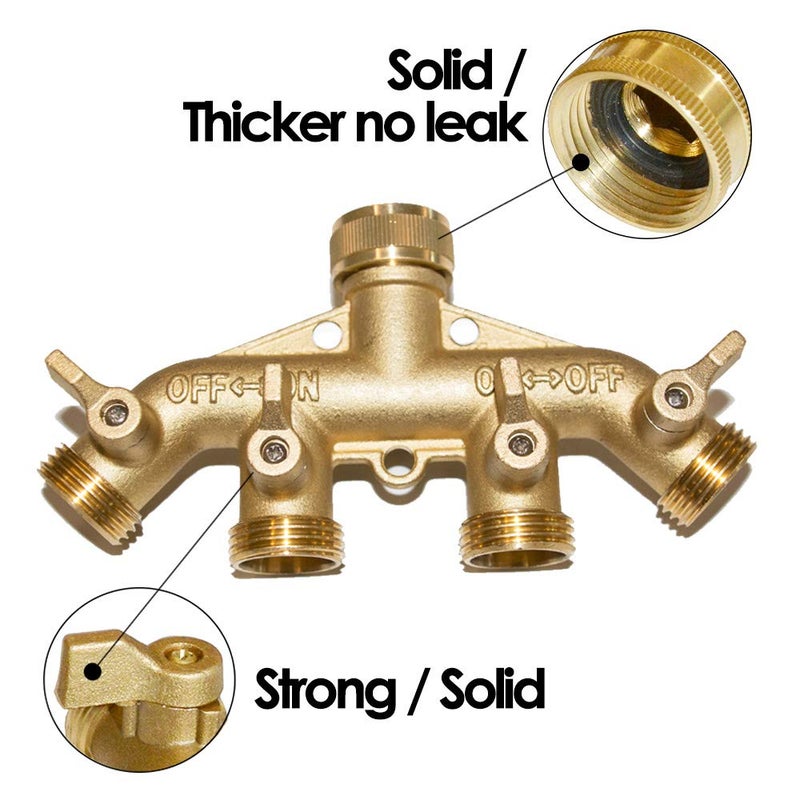 HQMPC 4 Way Hose Splitter 3/4"" GHT Garden Hose Splitter 4 Way Solid Brass Hose Connector Heavy Duty Hose Spigot Adapter With 4 Valves 8 Gaskets +2 Seal Tapes - Image 3